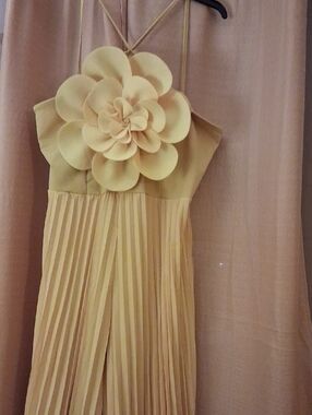 Yellow Pleated Jumpsuit with Statement Floral Applique